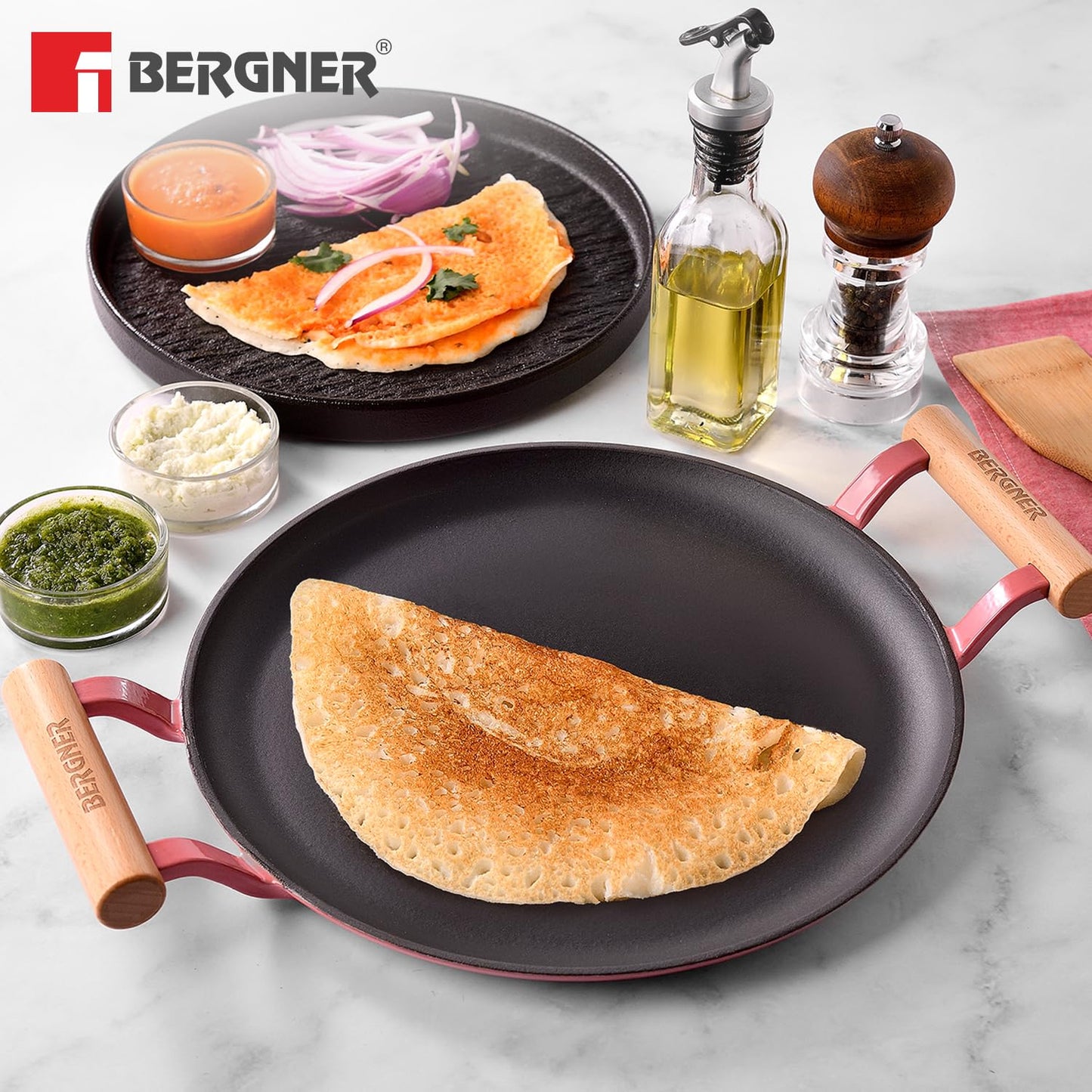 BERGNER Excalibur Lightweight Cast Iron Dosa Tawa 28cm, Double Sided Sturdy Handle, Non-Stick Coating, PFAS Free, Perfect Heat Distribution, Elegant Design - Induction Compatible (Pink)
