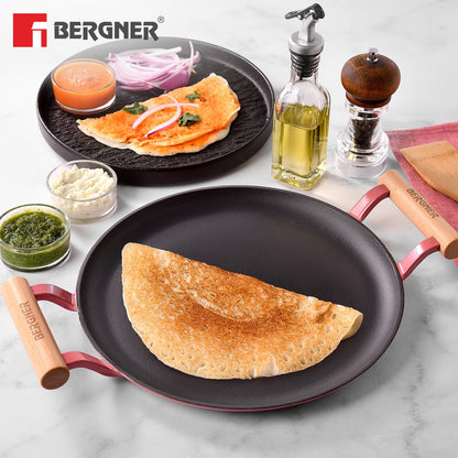 BERGNER Excalibur Lightweight Cast Iron Dosa Tawa 28cm, Double Sided Sturdy Handle, Non-Stick Coating, PFAS Free, Perfect Heat Distribution, Elegant Design - Induction Compatible (Pink)