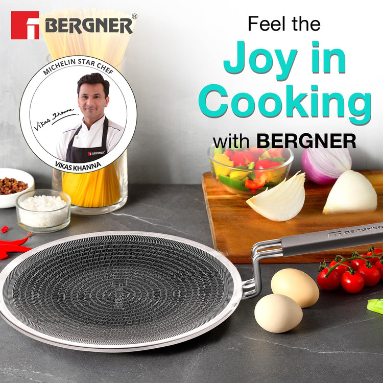 BERGNER Hi-Tech Giro Triply Stainless Steel 28cm Roti Tawa, Honeycomb Mesh Non-Stick Coating, PFOA Free, Even Heat Distribution, Sturdy and Durable Stay Cool Handle - Induction and Gas Stove Ready