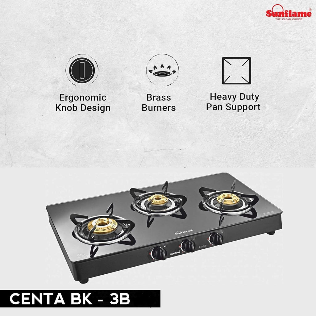 SUNFLAME CENTA 3 Burner Toughened Glass Top Gas Stove with 2 years Made In India.(Manual Ignition, Black)