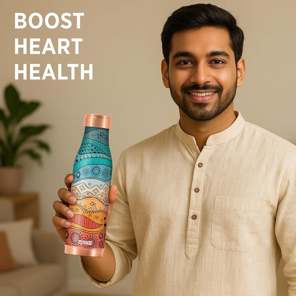 MILTON Amaya Copper Drinkware Gift Set | 99.9% Pure Copper Water Bottle 850ml With 2 Glasses 280ml | Anti Oxidant Prosperities | Traditional Art Design | Gifting Item for Diwali, Festive Occasions