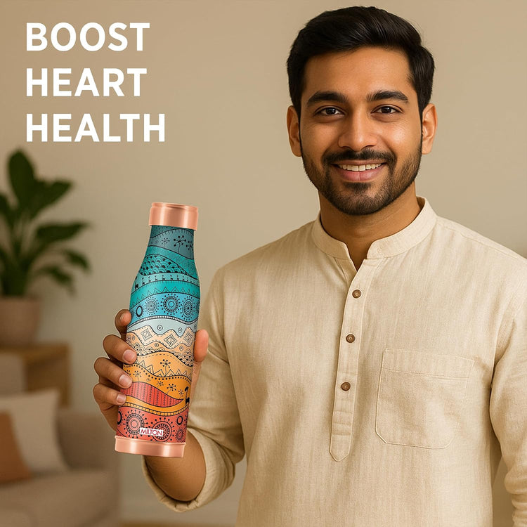 MILTON Amaya Copper Drinkware Gift Set | 99.9% Pure Copper Water Bottle 850ml With 2 Glasses 280ml | Anti Oxidant Prosperities | Traditional Art Design | Gifting Item for Diwali, Festive Occasions