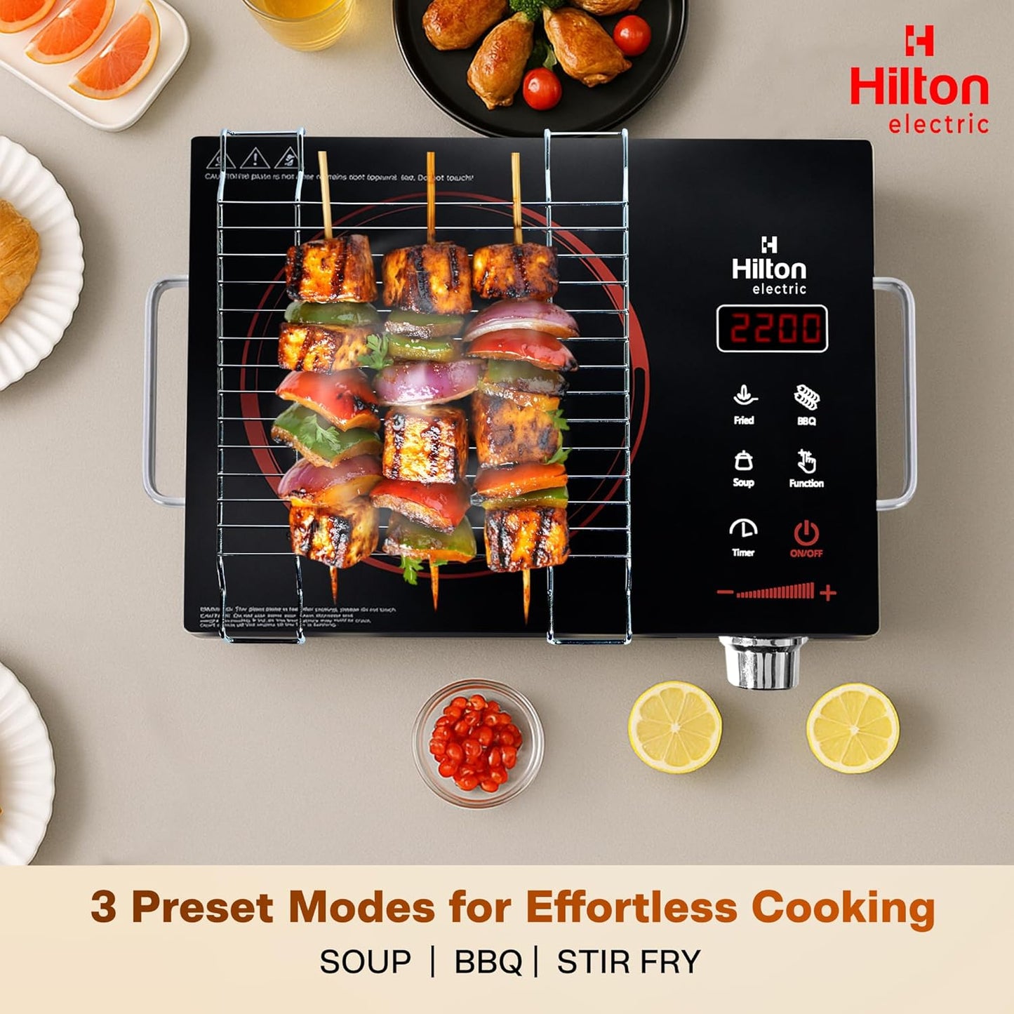 Hilton Electric Premium 2200-watt Radiant Infrared Cooktop with Free Stainless Steel Grill for barbecue |3 Preset Functions | Digital Display |Timer Control | Over Heating Protection(1 Year Warranty)