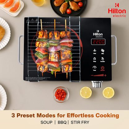 Hilton Electric Premium 2200-watt Radiant Infrared Cooktop with Free Stainless Steel Grill for barbecue |3 Preset Functions | Digital Display |Timer Control | Over Heating Protection(1 Year Warranty)
