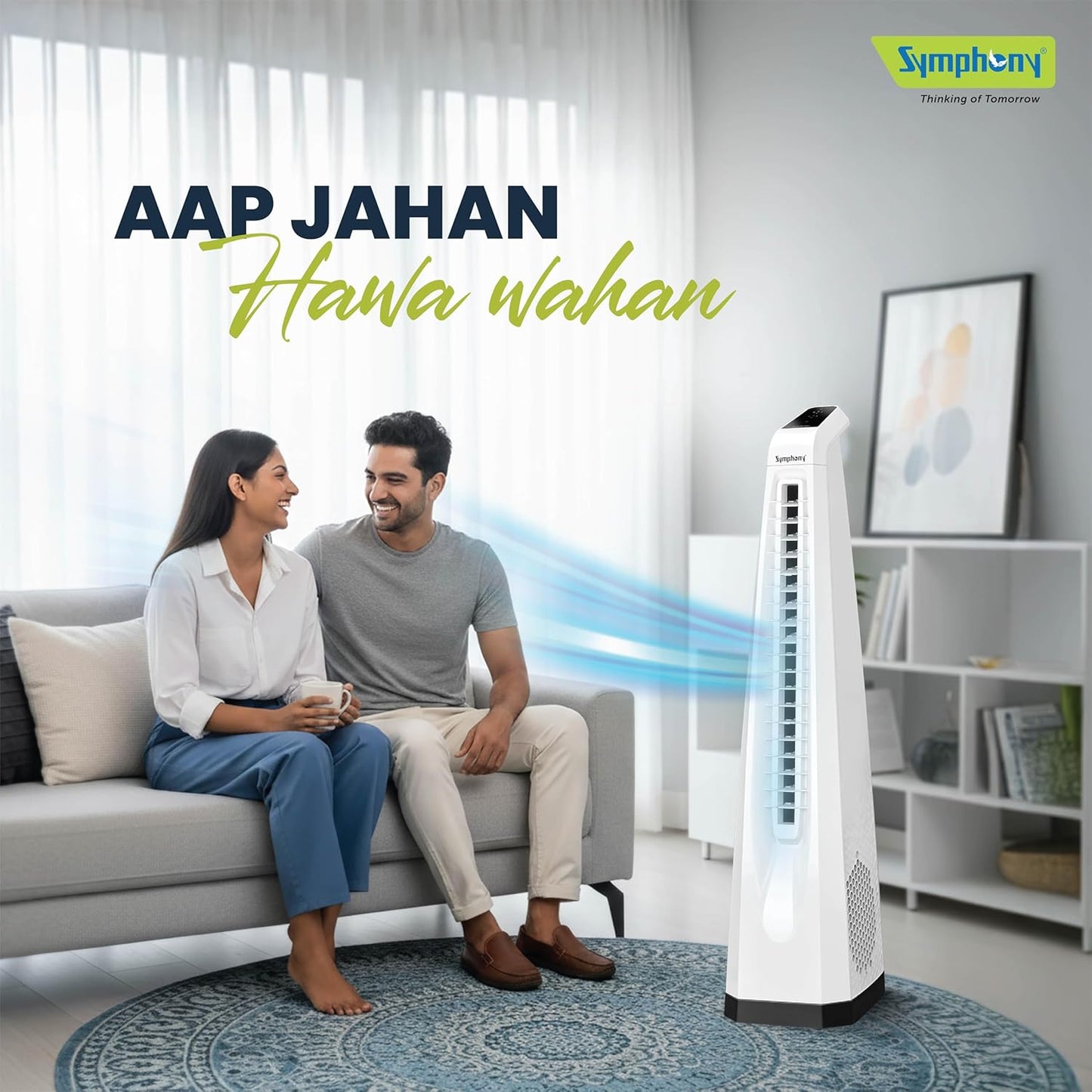Symphony Surround-i Bladeless Tower Fan for Room | High-Speed with Swivel Action, Touchscreen Control Panel & Remote | 1 Year Warranty | White