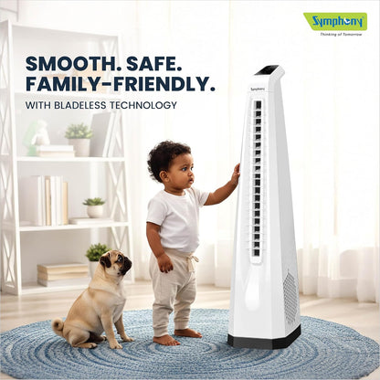 Symphony Surround-i Bladeless Tower Fan for Room | High-Speed with Swivel Action, Touchscreen Control Panel & Remote | 1 Year Warranty | White