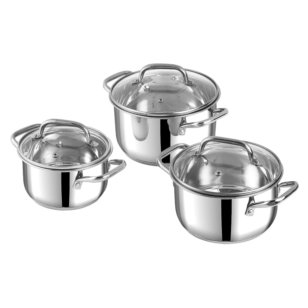 Vinod Mainz Stainless Steel Cookware Set of 3 | 1.2, 2 and 2.7 Litre Saucepot with Glass Lid | SAS Bottom | Biryani Pot | Induction and Gas Base | 2 Year Warranty - Silver