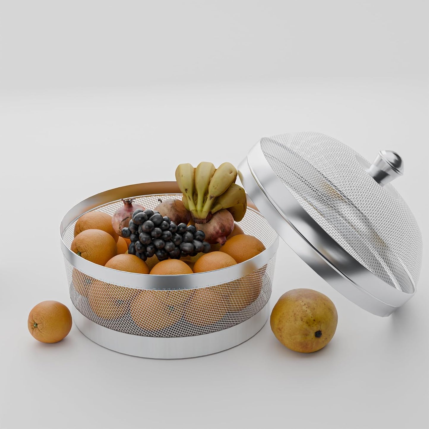 Devidayal 12" Stainless Steel Fruit Basket for Dining Table With Net Cover & Lid - Vegetable Organizer Bowl Storage/Holder for Kitchen