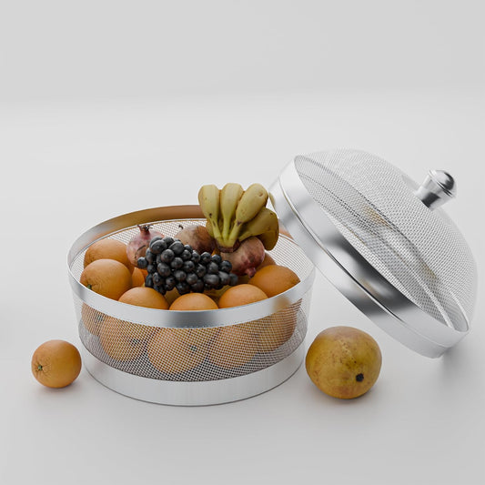 Devidayal 12" Stainless Steel Fruit Basket for Dining Table With Net Cover & Lid - Vegetable Organizer Bowl Storage/Holder for Kitchen