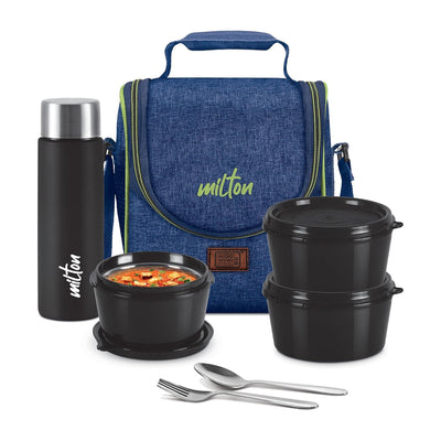MILTON Dazzle Lunch Box, 3 Microwave Safe Inner Steel Containers 320 ml Each, Steel Bottle 430 ml with Cutlery, Tiffin Box Steel, Lunch Box Bags, Blue