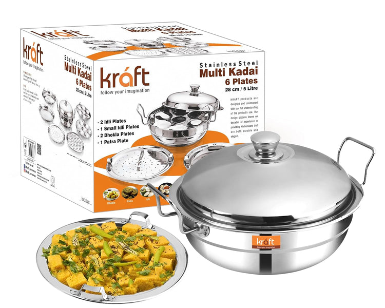 Kraft Stainless Steel Multi Kadai/Idli Maker | 5 L, 28 cm, 6 Plates | 2 Idli, 2 Dhokla, 1 Patra & Mini Idli | Induction & Gas Compatible Momo/Modak Pot | 6 in 1 Multipurpose steamer for cooking