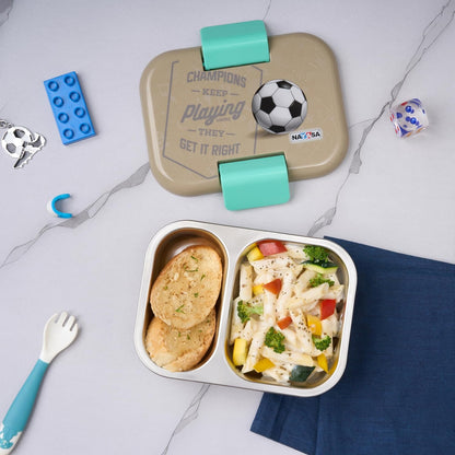 Nayasa Marco 2 Compartment Stainless Steel Insulated Lunch Box for Kids Boys | Football Champion Print | Vacuum Sealed Leak Proof Tiffin Box | 650 ml | Grey