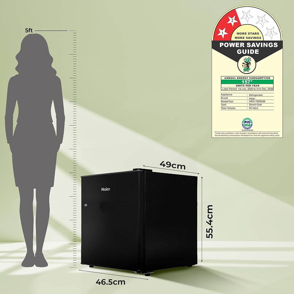 Haier 50 L 2 Star Direct Cool Single Door Mini Bar Refrigerator with Chiller Freezer Box, LED Light for Clear View, Lock & Key and Easy Clean Back (HRD-752KSA, Black Steel, 2026 Model)