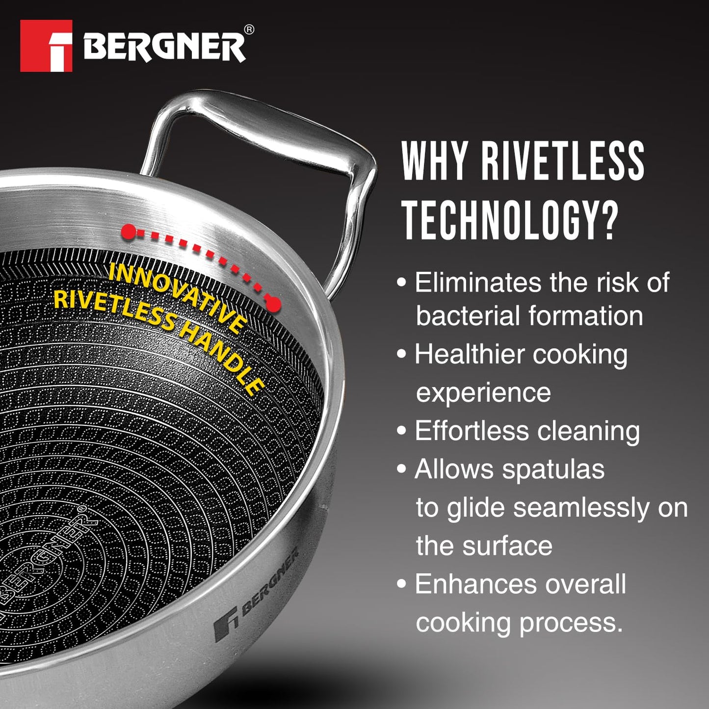 Bergner Hi-Tech Tri-Ply Stainless Steel 24cm (2.5L) Kadai with Stainless Steel Lid, Non-Stick Kadhai with Honeycomb Mesh Coating Inside, Rivetless Handles, PFOA Free - Induction and Gas Stove Ready