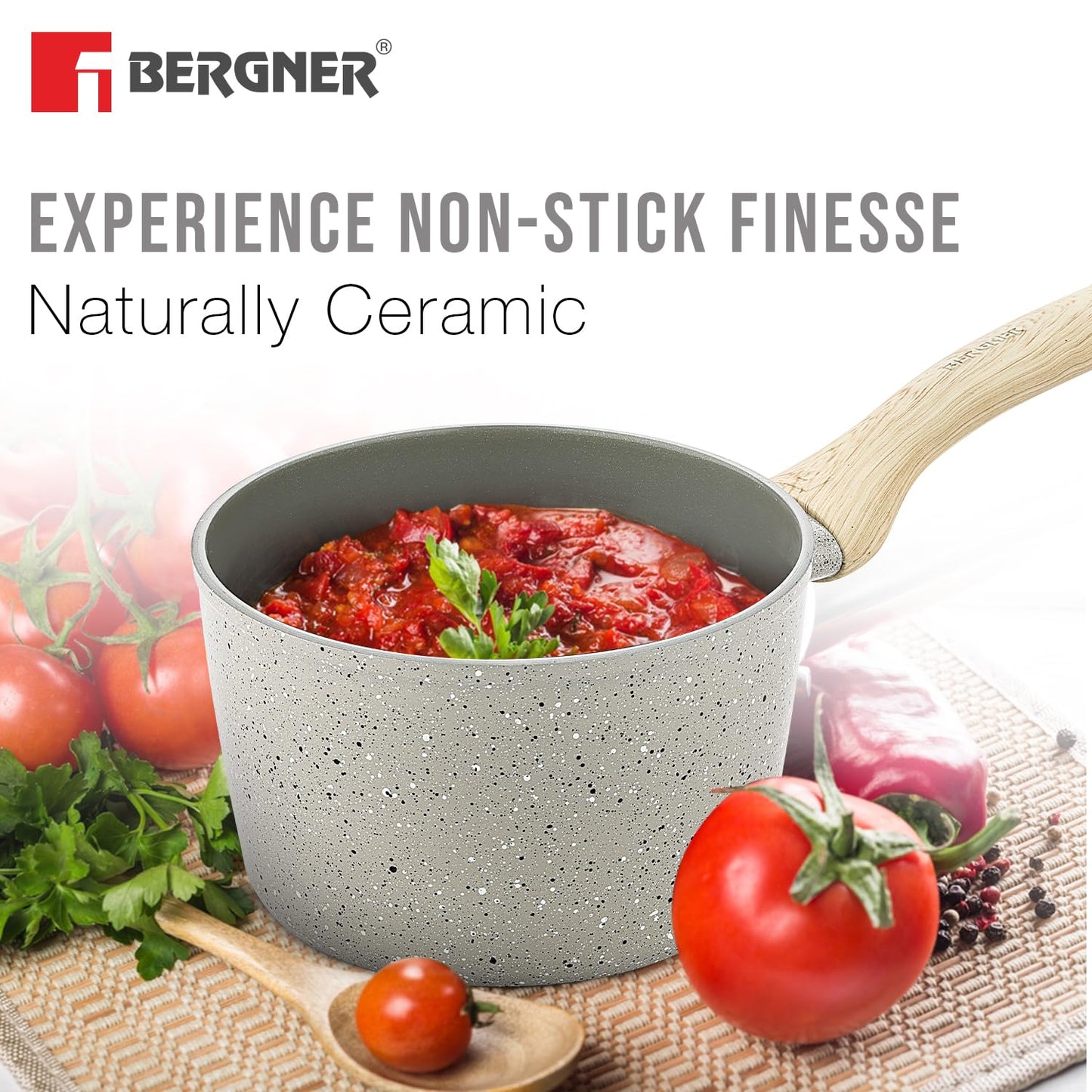Bergner Naturally Ceramic Forged Aluminium 16cm (1.8 Liters) Saucepan with Soft Touch Handle and Flat Glass with Steam Vent, Ceramic Coated Sauce Pan, Healthy - Induction Bottom and Gas Stove Ready