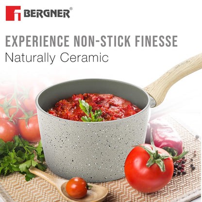 Bergner Naturally Ceramic Forged Aluminium 16cm (1.8 Liters) Saucepan with Soft Touch Handle and Flat Glass with Steam Vent, Ceramic Coated Sauce Pan, Healthy - Induction Bottom and Gas Stove Ready