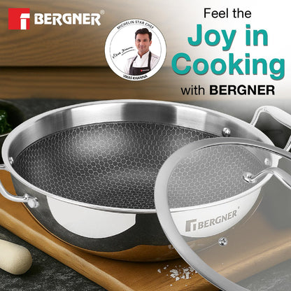 BERGNER Hi-Tech TriPly Stainless Steel 22cm (2.25 L) Kadai with Glass Lid, Honeycomb Non-Stick Coating, Non-Toxic, Healthy, Less Oil Use, Durable Handles with Excellent Grip - Induction and Gas Ready
