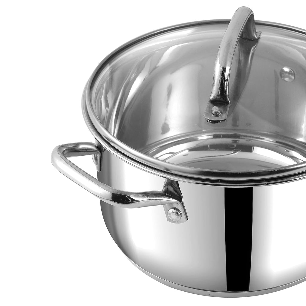 Vinod Mainz Stainless Steel Cookware Set of 3 | 1.2, 2 and 2.7 Litre Saucepot with Glass Lid | SAS Bottom | Biryani Pot | Induction and Gas Base | 2 Year Warranty - Silver