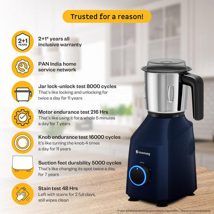 Atomberg Yulia 750 Watt Mixer Grinder | 4 Multipurpose Jars including Chopper Jar | Coarse Mode for Silbatta-like Textures | Powerful Intelligent Motor | Advanced Safety Features | Ritz Blue