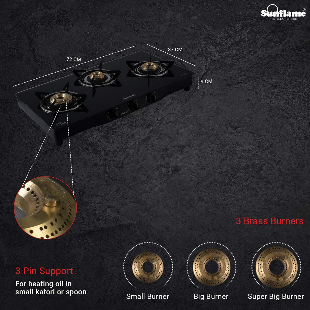 SUNFLAME CENTA 3 Burner Toughened Glass Top Gas Stove with 2 years Made In India.(Manual Ignition, Black)