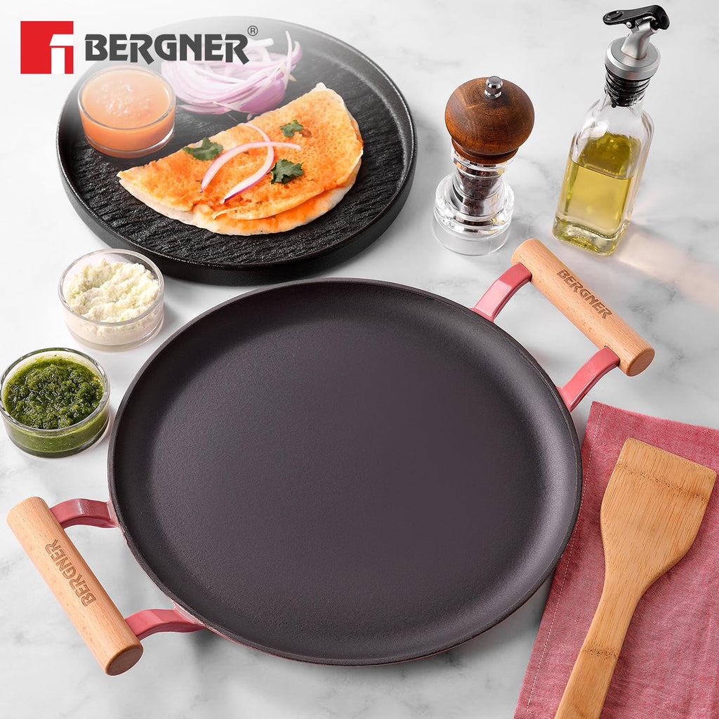 BERGNER Excalibur Lightweight Cast Iron Dosa Tawa 30cm, Double Sided Sturdy Handle, Non-Stick Coating, PFAS Free, Perfect Heat Distribution, Elegant Design - Induction Compatible (Pink)