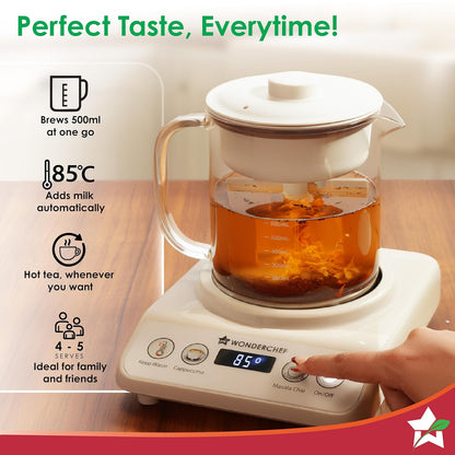 Wonderchef Chai Magic, Fully Automatic Tea & Cappuccino Maker, Make Masala Chai/Cutting Chai/Kahwa/, No Spills, No Overcooking, 4 Modes, Boil Milk/Water/Coffee, 500ML Glass Jar, 2-Yr Warranty