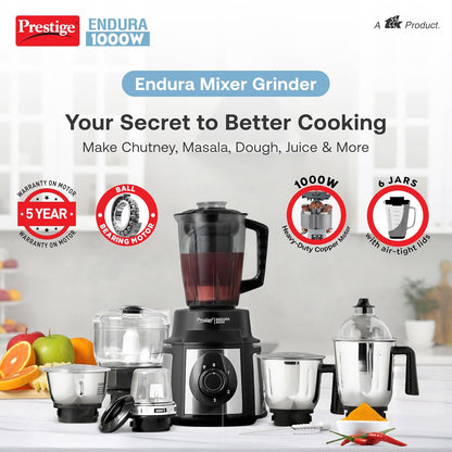 Prestige Endura 1000W Mixer Grinder 6 Jars (Black & Silver)