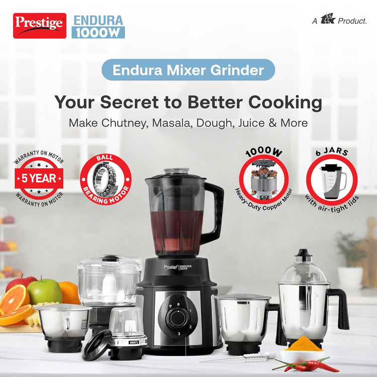 Prestige Endura 1000W Mixer Grinder 6 Jars (Black & Silver)