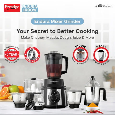 Prestige Endura 1000W Mixer Grinder 6 Jars (Black & Silver)