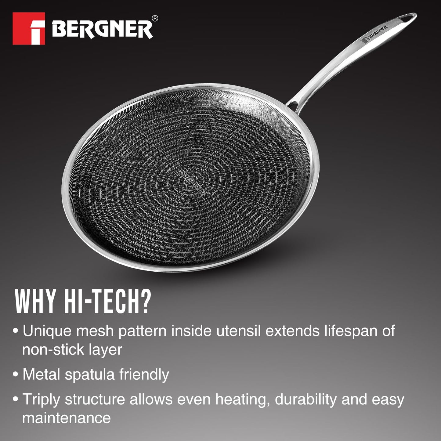 BERGNER Hi-Tech Giro Triply Stainless Steel 28cm Dosa Tawa, Honeycomb Mesh Non-Stick Coating, PFOA Free, Even Heat Distribution, Sturdy and Durable Stay Cool Handle - Induction and Gas Stove Ready