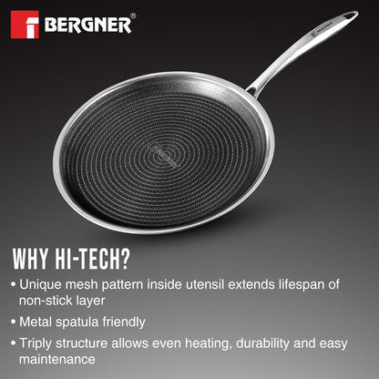 BERGNER Hi-Tech Giro Triply Stainless Steel 28cm Dosa Tawa, Honeycomb Mesh Non-Stick Coating, PFOA Free, Even Heat Distribution, Sturdy and Durable Stay Cool Handle - Induction and Gas Stove Ready