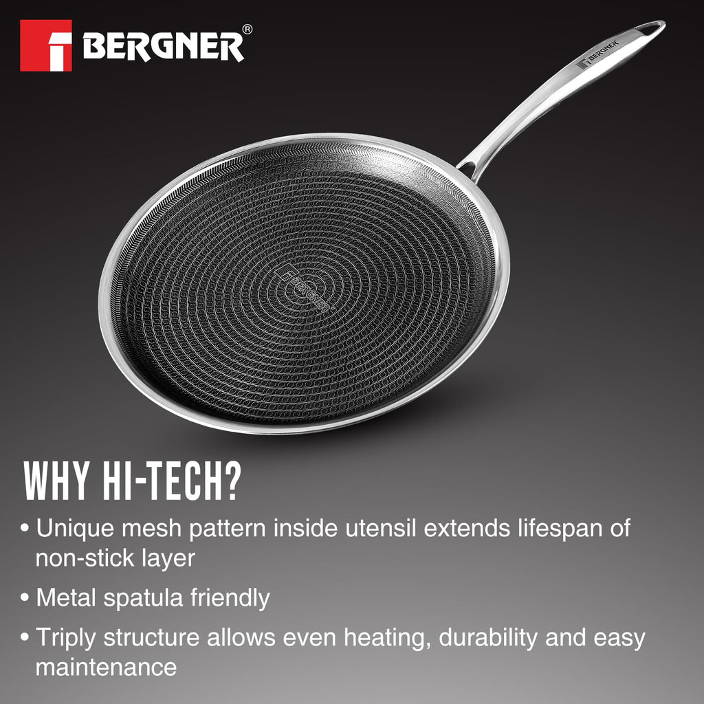 BERGNER Hi-Tech Giro Triply Stainless Steel 28cm Dosa Tawa, Honeycomb Mesh Non-Stick Coating, PFOA Free, Even Heat Distribution, Sturdy and Durable Stay Cool Handle - Induction and Gas Stove Ready