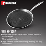 BERGNER Hi-Tech Giro Triply Stainless Steel 28cm Dosa Tawa, Honeycomb Mesh Non-Stick Coating, PFOA Free, Even Heat Distribution, Sturdy and Durable Stay Cool Handle - Induction and Gas Stove Ready