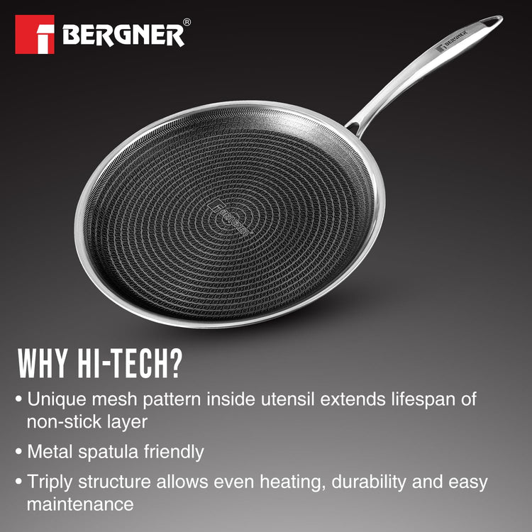 BERGNER Hi-Tech Giro Triply Stainless Steel 28cm Dosa Tawa, Honeycomb Mesh Non-Stick Coating, PFOA Free, Even Heat Distribution, Sturdy and Durable Stay Cool Handle - Induction and Gas Stove Ready