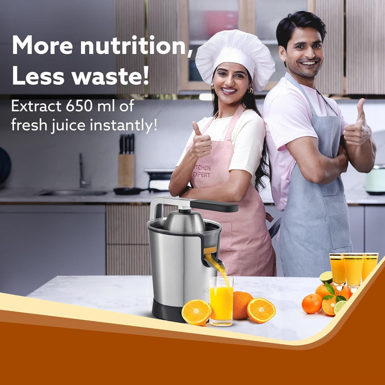 AGARO Regency Electric Citrus Juicer 350W, 650 ml, Pulp Regulator, AC Copper Motor, 2 Cones For All Citrus fruits, 2 filters, Anti Drip, Stainless Steel Body, Silver & Black