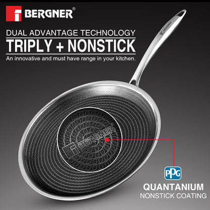 BERGNER Hi-Tech Giro Triply Stainless Steel 28cm Dosa Tawa, Honeycomb Mesh Non-Stick Coating, PFOA Free, Even Heat Distribution, Sturdy and Durable Stay Cool Handle - Induction and Gas Stove Ready