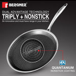 BERGNER Hi-Tech Giro Triply Stainless Steel 28cm Dosa Tawa, Honeycomb Mesh Non-Stick Coating, PFOA Free, Even Heat Distribution, Sturdy and Durable Stay Cool Handle - Induction and Gas Stove Ready