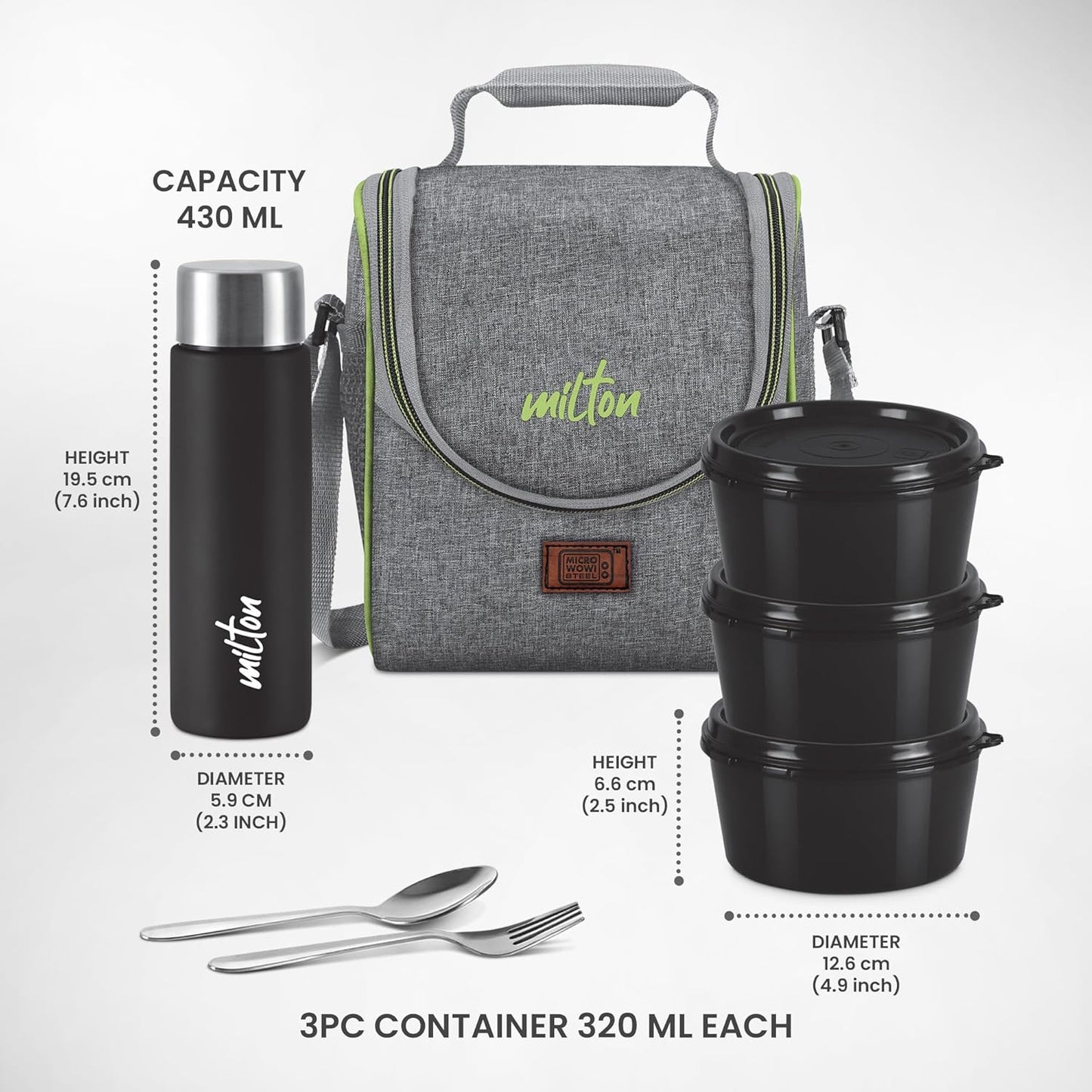 MILTON Dazzle Lunch Box, 3 Microwave Safe Inner Steel Containers 320 ml Each, Steel Bottle 430 ml with Cutlery, Tiffin Box Steel, Lunch Box Bags, Grey