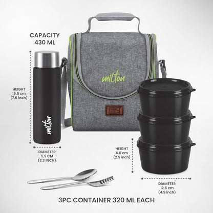 MILTON Dazzle Lunch Box, 3 Microwave Safe Inner Steel Containers 320 ml Each, Steel Bottle 430 ml with Cutlery, Tiffin Box Steel, Lunch Box Bags, Grey
