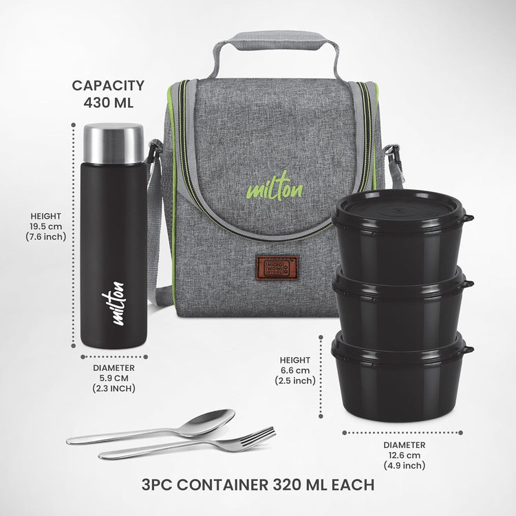MILTON Dazzle Lunch Box, 3 Microwave Safe Inner Steel Containers 320 ml Each, Steel Bottle 430 ml with Cutlery, Tiffin Box Steel, Lunch Box Bags, Grey