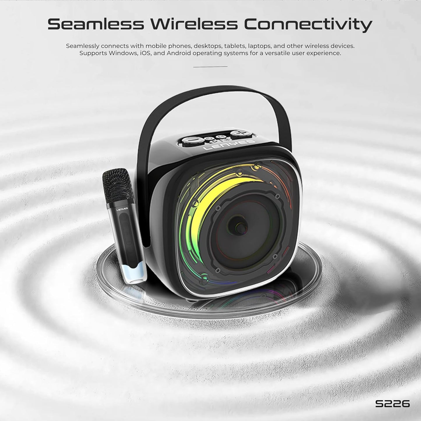 Lenyes S226 Bluetooth Party Speaker | 20W HD Sound | Wireless Karaoke Mic | 7H Playtime | RGB Lights | Bluetooth v5.3 | AUX/USB/TF Support | Type-C Fast Charging (Black)
