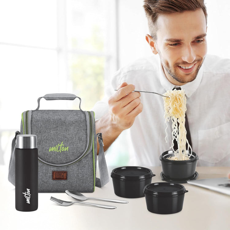 MILTON Dazzle Lunch Box, 3 Microwave Safe Inner Steel Containers 320 ml Each, Steel Bottle 430 ml with Cutlery, Tiffin Box Steel, Lunch Box Bags, Grey