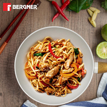 BERGNER Naturally Forged Aluminum 28cm (3 L) Wok, Marble Non-Stick Coating, Less Oil Use, Scratch Resistant and Durable, Soft Touch Handle, Easy to Clean - Induction Bottom, Free Non-Woven Trivet