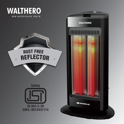 Havells Walthero 1000 Watt Room Heater with Two Carbon Heating Tubes| Tip Over Protection| Silent Operation| Anti Rust Protection| 2 years Manufacturer Warranty (Black)
