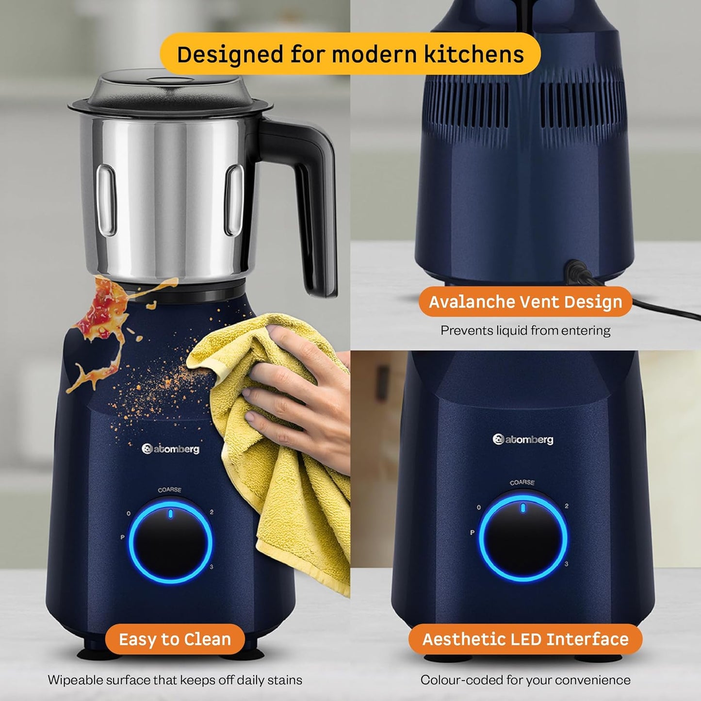 Atomberg Yulia 750 Watt Mixer Grinder | 4 Multipurpose Jars including Chopper Jar | Coarse Mode for Silbatta-like Textures | Powerful Intelligent Motor | Advanced Safety Features | Ritz Blue