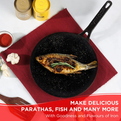 Vinod Legacy Cast Iron Roti Tawa 26 Cm | Pre-Seasoned Chapati/Phulka Tawa with Handle | Rust-Proof, Toxin-Free, Naturally Stick Free | Pure Cast Iron | Gas Compatible