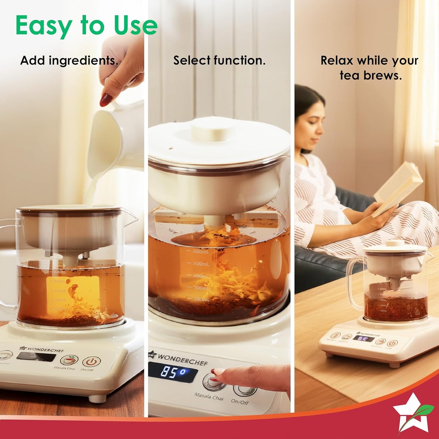 Wonderchef Chai Magic, Fully Automatic Tea & Cappuccino Maker, Make Masala Chai/Cutting Chai/Kahwa/, No Spills, No Overcooking, 4 Modes, Boil Milk/Water/Coffee, 500ML Glass Jar, 2-Yr Warranty