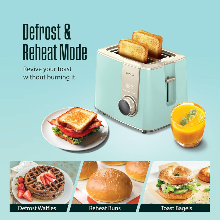 Havells Craft Pop Up Toaster | Display Panel with Touch Control | Custom Browning Level with Timer | Defrost Mode | Reheat Mode | Intelligent Operation (Blue & Gold)