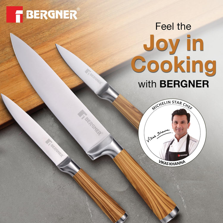 BERGNER Olive Garden Stainless Steel 3 Pcs Knife Set, Kitchen Knife Set of 20cm, 12.5cm and 8.75cm, Durable, Rust Resistant, Soft Touch Wooden Coated Handle, Ideal for Cutting, Dicing, Slicing etc