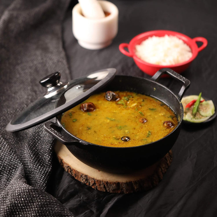 Vinod Legacy Cast Iron Kadai with Glass Lid 2.4L (22 cm) | Pre-Seasoned & Stick-Free | Ideal for Sabzi, Frying & Curries | 100% Pure & Toxin-Free | Safety Sleeve | Rust Resistant